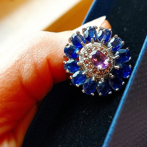 Natural Amethyst 6x4mm, Kyanite & Sapphire 925 Sterling Silver Ring Size 7.5 - Picture 4 of 5